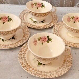 Pink Rose Tea Cups & 2 Saucers 2 Plates White with Gold Accents- Lovely